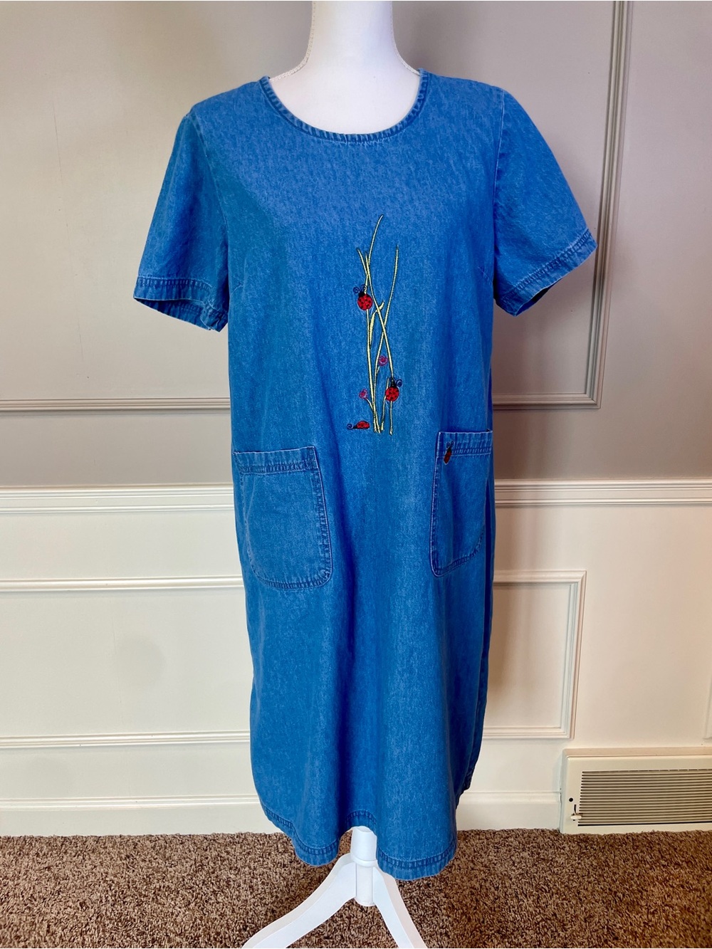 Blair 90s Denim Jean Dress Medium Embroidered Ladybug Short Sleeve Pockets